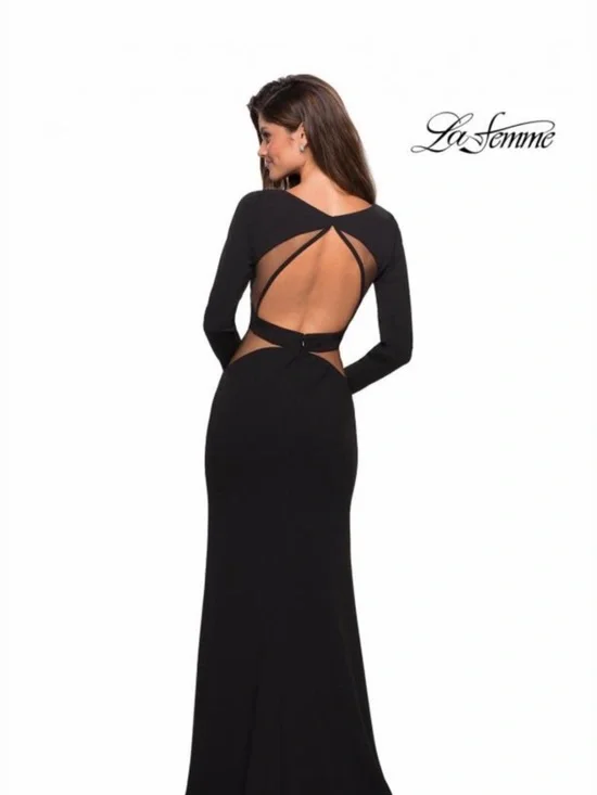 La Femme Black Long-Sleeve Cutout Maxi Gown with High Slit - Picture 4 of 6